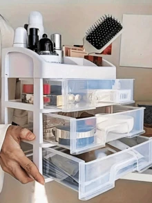 3/2/1层化妆收纳盒，多功能透明抽屉式收纳盒，大容量化妆品展示柜，适用于化妆品，浴室洗漱用品，办公用品收纳，浴室梳妆台，节日礼物，秋冬必备，适合老师，朋友，同学 - 白色 - 查看 5