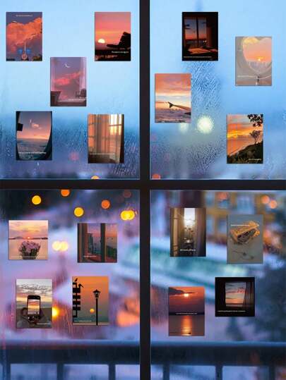 60张复古日落氛围装饰贴纸，优雅日落氛围贴纸，适用于手账、手机、笔记本、冰箱、明信片、相框、墙面装饰，防水，高品质日落贴纸