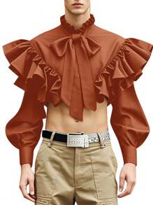 INCERUN Fashion Mens Tie Front Buttons Long Sleeve Ruffle Blouse Holiday Party Casual Shirt Tops - trái cam - Xem 1