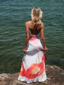 Women Backless Floral Maxi Dress For Beach Vacation - White - View 2