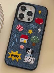 Funda de teléfono a prueba de caídas, a prueba de agua, a prueba de golpes y resistente a los arañazos, compatible con iPhone, con bordados creativos de lunares, casita de perro, estrella, lazo, letra y denim