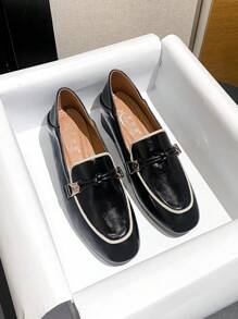 女士粗跟鞋，方头中跟英伦风软皮休闲一脚蹬鞋，优雅乐福鞋 - 黑色 - 查看 2