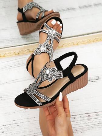 Women's New Platform Wedge Sandals - Retro Rhinestone Elastic Strap Bohemian Style Roman Sandals, Suitable For Vacation
