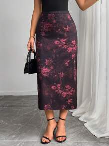 Falda elegante de corte evasé con estampado floral para uso casual diario de mujeres