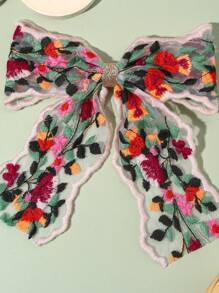 1pc Flower Tulle Hair Bows For Women Girls Colorful Flower Embroidered Mesh Bow Alligator Clips Cute Sweet Floral Embroider Vacation Bow Hair Clips Birthday Holiday Gifts Bow Barrettes Women Hair Accessories Claw Clips - Flower Embroidery - View 2