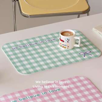 Korean Style Plaid Bow PU Dining Mat, Waterproof Oil-Proof Washable Coaster, Coffee Table Heat-Resistant Pad