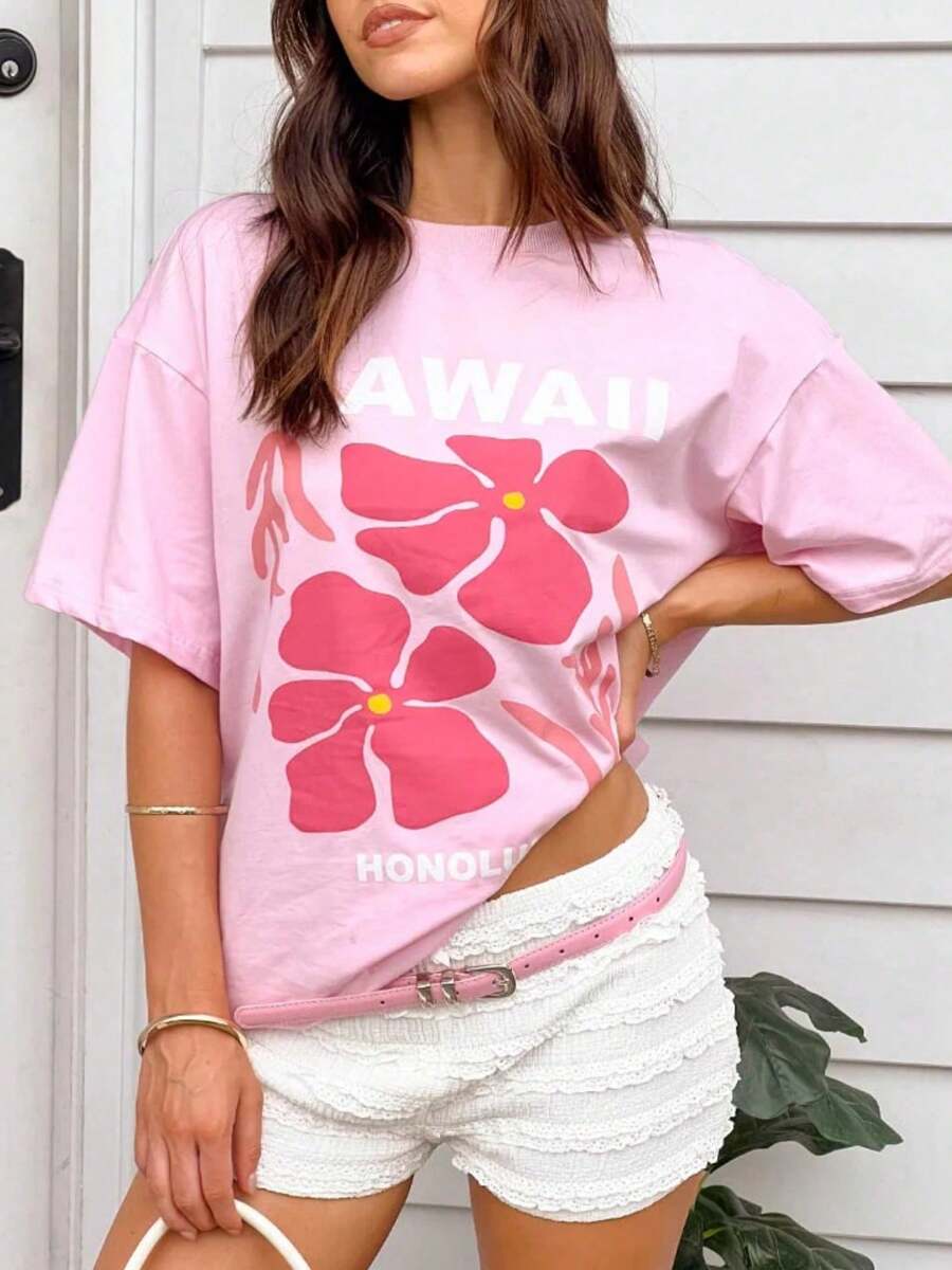 Oversized Graphic T Shirt For Women Teens Girl Y2K Floral Short Sleeve Baggy Tee Shirts Loose Fit Vintage Aesthetic Coastal Tops Summer Beach Going Out Tops - Hồng - Xem 1