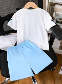 Tween Boys Letter Print Short Sleeve T-Shirt And Shorts Summer 2 Pieces Outfit - White - View 2