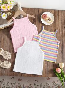 3 pezzi canottiere a costine jacquard a righe arcobaleno per ragazze, di moda e casual