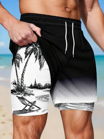 Pantalones cortos de playa con cordón y estampado, de talla grande, para hombre, estilo hawaiano