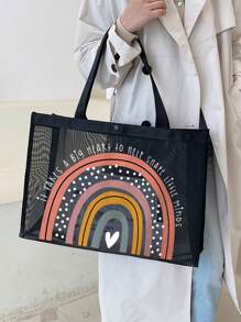 大容量时尚网眼手提包，带字母装饰，适用于海滩度假存储和购物，适合青少年女孩女大学生，教师节礼物，节日礼物，送给妈妈的礼物，彩虹图案设计，书包，便携，大容量，适合青少年女孩女大学生，非常适合办公室、大学、中学、高中、工作、商务、通勤、办公室、海滩，送给老师的最佳礼物，感谢老师的礼物 - 黑色 - 查看 11