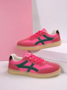 天鹅绒拼布系带鞋面软底女士休闲运动鞋，新款秋季轻便厚底运动鞋，户外运动风格学生滑板鞋 - 彩色 - 查看 2