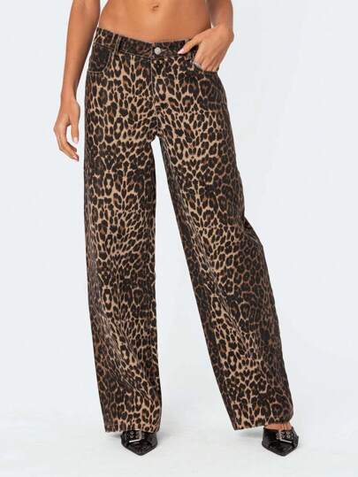 Pantalones rectos de hombre con botones frontales y estampado de leopardo simple, para uso casual diario
