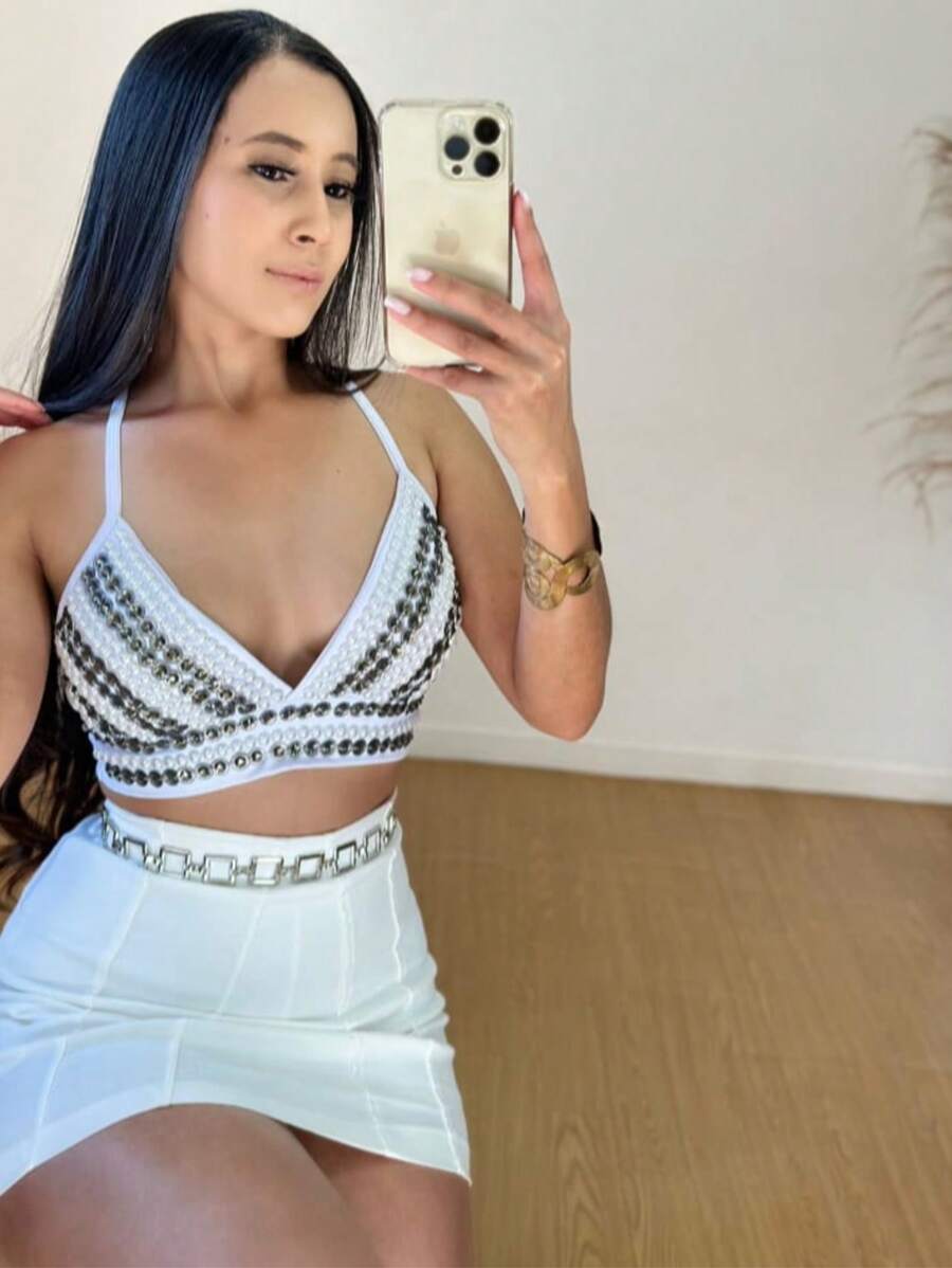 Cropped Top With Rhinestones - 화이트 - 보기 1