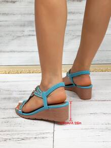 Women's New Wedge Platform Sandals - Retro Crystal Elastic Strap Bohemian Roman Style Shoes - Suitable For Vacation - Mint Blue - View 5