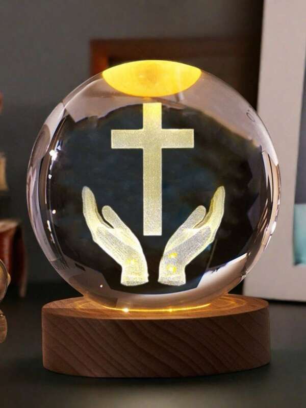 1 Stück handgefertigte 6cm 3D Schnitzerei von Jesus Christus, Hirtenstab Kreuz, Bibel, Kristallkugel mit LED Nachtlicht, Heim Weihnachtsparty Dekoration, Büro/Studenten Schreibtisch Dekoration, Weihnachtsgeschenk