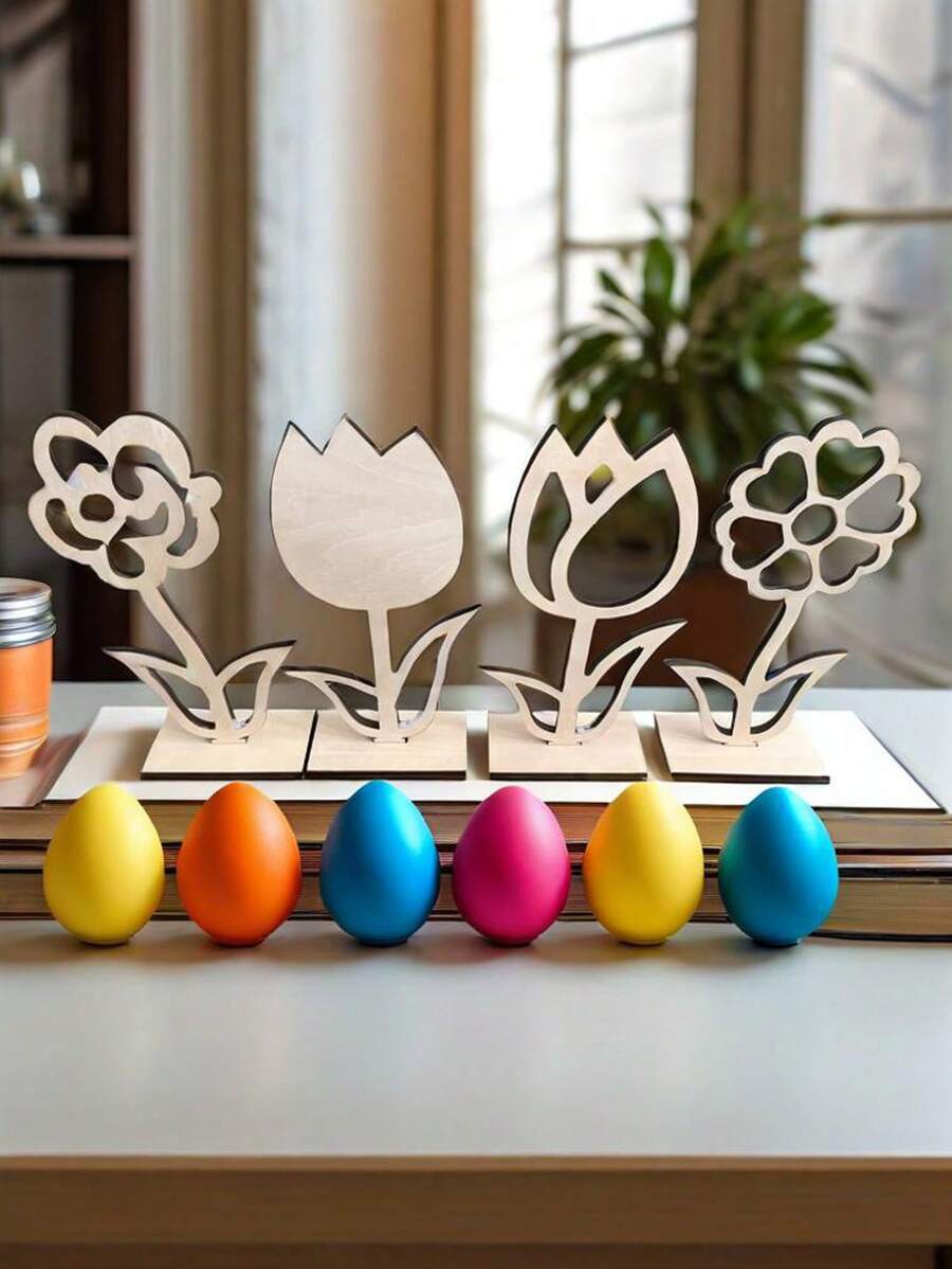 复活节家居餐桌装饰 - 1 套 4 件木质空心花饰，创意木制工艺品，天然木色