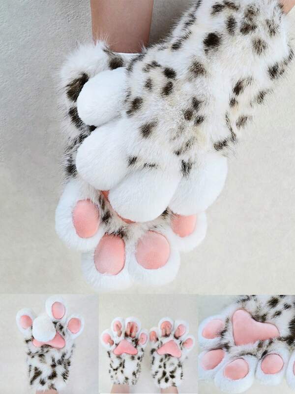 Un par de accesorios de disfraz de animal de peluche, adecuado para fiesta de cosplay, accesorios de cosplay, guantes con estampado de leopardo de pata de animal, disfraz de animé adecuado para damas