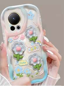Étui de téléphone peint à fleurs, bord ondulé, brillant, antichoc, fait maison. Accessoire de fleur 3D de dessin animé compatible avec iPhone XR/7/8, 16/16Pro/16Plus/16ProMax, 15ProMax, 13, 14, étui coussin souple TPU compatible avec Galaxy S25/S25Plus/S25 - Multicolore - Voir 3