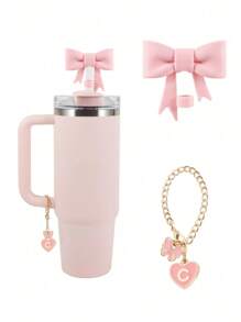 2pcs/Set: 1pc Silicone Bow Straw Topper & 1pc Letter Heart Bow Cup Tag, Fit For 40oz Cup, 10mm Straw Diameter, With Handle Glass Cup, Cute Pink Butterfly Decoration, Back To School Supplies