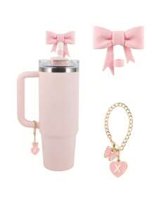 2pcs/Set: 1pc Silicone Bow Straw Topper & 1pc Letter Heart Bow Cup Tag, Fit For 40oz Cup, 10mm Straw Diameter, With Handle Glass Cup, Cute Pink Butterfly Decoration, Back To School Supplies