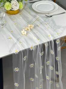Daisy Flower Mesh Fabric Table Runner, White Sheer Lace Embroidery For Wedding Dress DIY Sewing Decor Craft, Party Wedding Banquet Home Decoration - Daisy Embroidered Table Runner - View 2