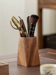 1pc Solid Walnut Wood Retro Storage Bucket, Tea Accessories Container, Pen Holder, Modern Minimalist Wooden Office Desk Stationery Organizer, Handmade Walnut Wood, Color And Size May Vary, Back To School