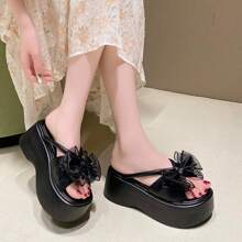 Women's Black Net Bow Knot Comfort Platform Wedge Sandals, Versatile Cute Style, Summer