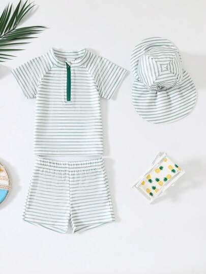 3pcs/Set Baby Boy Summer Outdoor Quick-Dry Milk Silk Striped Round Neck Front Zipper Short Sleeve Swimsuit + Shorts, Kids Striped Swimwear Set (Including Sun Hat)
