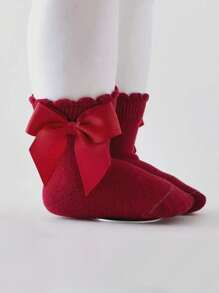 6 pares de calcetines cortos con lazo de unicolor aleatorio para bebés/niños pequeños, a la moda y lindos para uso diario, primavera/verano - Multicolor - Ver 7