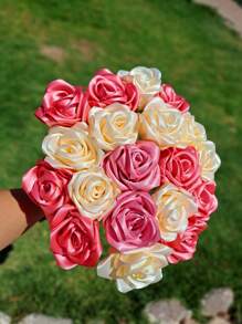 100 Pcs Ribbon Rose Petals Handmade Artificial Flowers Bouquets Forver Eternal Flower Silk For DIY Bouquet For Home Wedding Decorations Party, Valentine Day, Gift