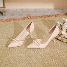 Size, Pointed Toe, Shallow Mouth, Slim Heel, High Heels, Pearl Strap, Side Empty, Single Shoes, Women's Versatile Commuting Shoes