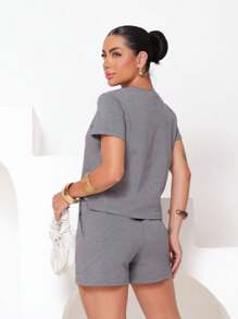 Women's Set In Fleece Fabric Comprising Shorts And Short Sleeve Cropped Top - 灰色 - 查看 6