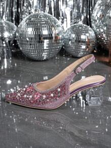 Women's Pointed Toe Crystal Heel Mary Jane Hollow Out Series Plus Size Pink High Heel Pumps, Suitable For Going Out, Party, Wedding And Other Occasions