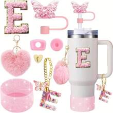 8 piezas de accesorios para taza de 40 oz y 30 oz, incluyendo tapa con pajita, tapa de silicona a prueba de derrames, funda de silicona, cadena con dije de letra, pegatina, gancho en forma de corazón, pompones con forma de corazón y bola de pelo, ideal para camping, regalo del Día de San Valentín, Día de la Madre, útiles escolares