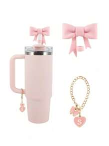 2pcs/Set: 1pc Silicone Bow Straw Topper & 1pc Letter Heart Bow Cup Tag, Fit For 40oz Cup, 10mm Straw Diameter, With Handle Glass Cup, Cute Pink Butterfly Decoration, Back To School Supplies