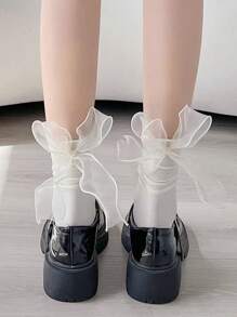 1 Pair/3 Pairs Women Solid Color Cute Bowknot Mid-Calf Socks, Sweet Lace Design, Thin Fabric For Spring/Summer