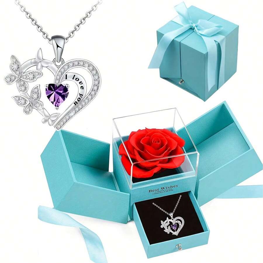 Blue Soap Rose Exquisite Gift Box, Paired With A Heart-Shaped Four Butterfly Pendant Necklace, Suitable As A Love Gift For Mothers, Lovers, Girlfriends, Suitable For Valentine's Day, Christmas, Mother's Day Gifts, Give Her A Surprise