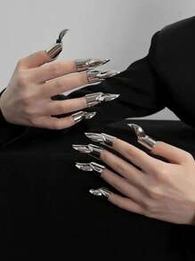 1pc Creative Textured Cubic Zirconia Metal Mechanical Wolf Claw Nail Tip Finger Rings, Jewelry Accessories - Multicolor - View 3