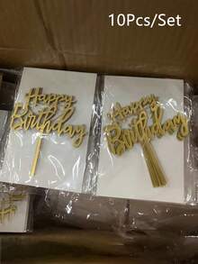 10/20入 生日快樂壓克力蛋糕插牌 生日蛋糕裝飾插牌 派對裝飾用品 現代英文字母圖案 鏡面金黑色壓克力 多功能蛋糕裝飾插牌 適用生日派對裝飾創意 - 彩色 - 查看 2
