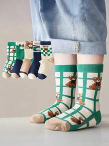 5 Pairs Kids Contrast Color Cartoon Bear And Plaid Mid-Calf Socks - Multicolor - View 4