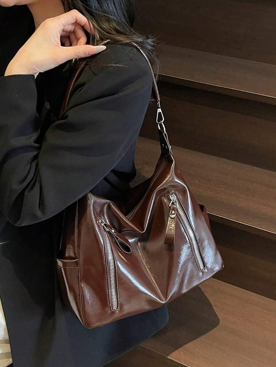 Miralda 复古 2025 磨砂皮纹大容量时尚百搭单肩包 高端沙滩包 托特包 购物包 大包 小众质感手提包 拉链 双肩带 斜挎包 - 咖啡 - 查看 1