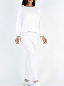 2pcs Pajama Sets For Women Solid Long Sleeve Tee & Pants PJ Set - White - View 3