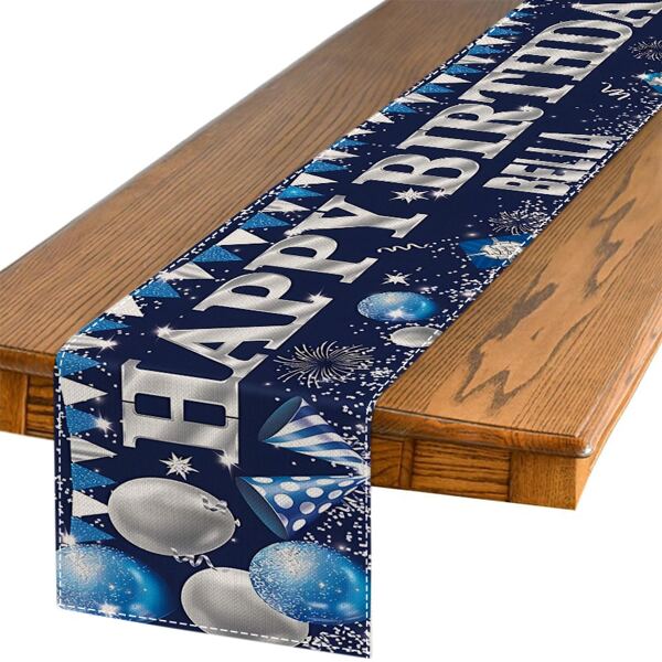 1 pieza Camino de mesa de Feliz Cumpleaños, camino de mesa azul marino y plateado para uso diario, cubierta de mesa lavable para decoración interior y exterior de la cocina y el comedor