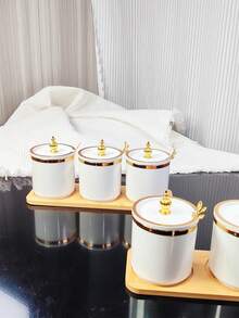 1 Set de Tarros de Especias con Base de Madera y Borde Dorado Vintage para Uso en la Cocina