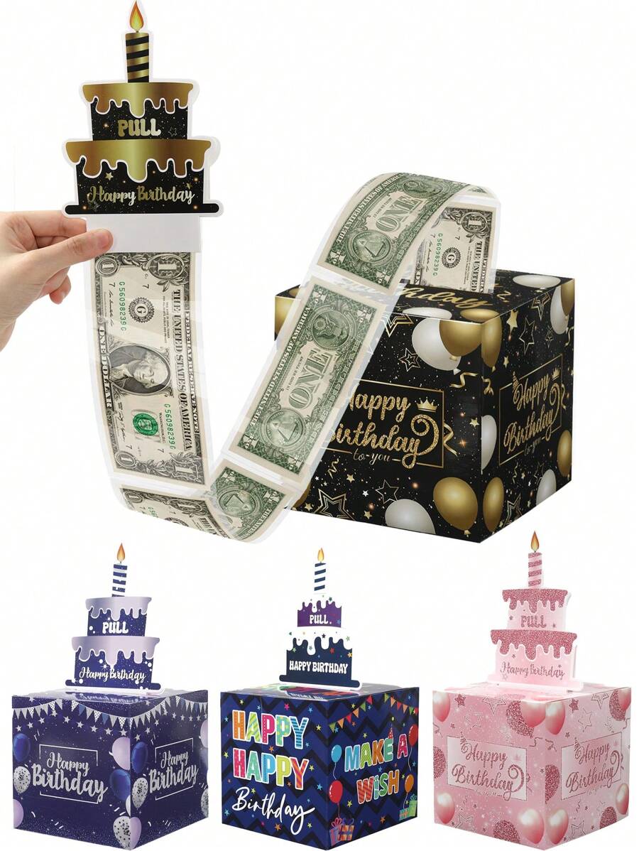一套生日现金礼盒，可拉出装现金礼物，内含生日快乐贺卡和30个透明袋子，黑色/金色/蓝色/粉色礼盒，趣味十足的送礼方式，生日派对装饰礼物，惊喜礼盒 - 彩色 - 查看 1