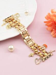 1条优雅金色双层皮革表带，带心形吊坠，金属表带，尺寸38/40/41/42mm/42/44/45/46/49mm，兼容 Ultra 2/SE/10/9/8/7/6/5/4/3/2/1 - 金色 - 查看 2