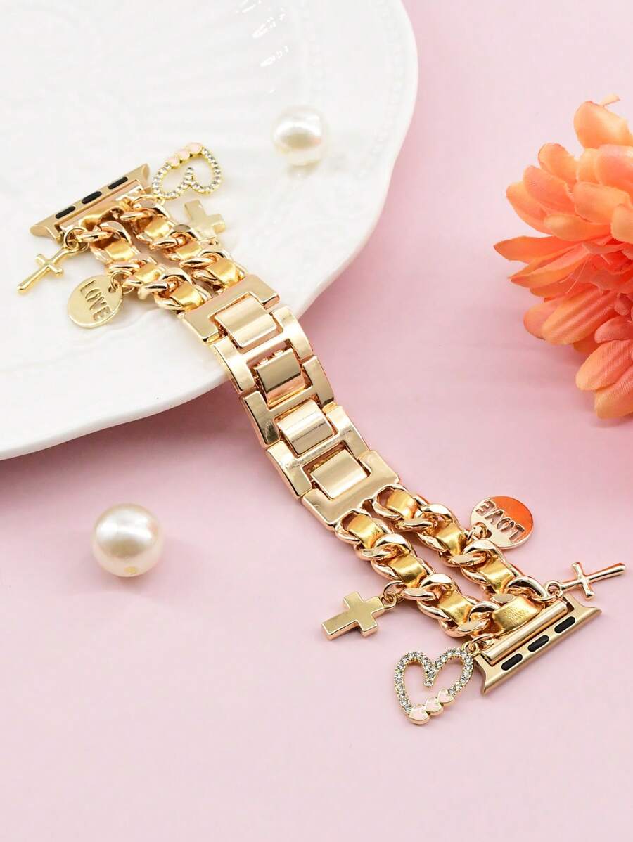 1条优雅金色双层皮革表带，带心形吊坠，金属表带，尺寸38/40/41/42mm/42/44/45/46/49mm，兼容 Ultra 2/SE/10/9/8/7/6/5/4/3/2/1