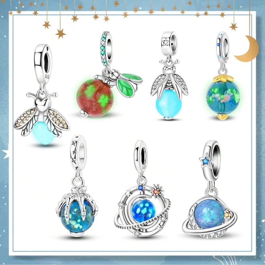 A 925 Sterling Silver Glowing Crystal Glass Bead Charm Luminous Stone Firefly And Bee Pendant Surrounding The Planet Charms Suitable For Bracelets DIY Women's Jewelry - Multicolor - View 1