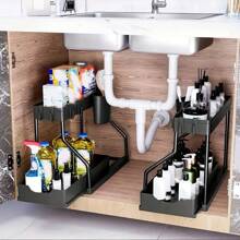 2 niveles Estantería de almacenaje de cocina negra - Organizador deslizante para debajo del fregadero, gran capacidad resistente para especias y artículos esenciales, cajón multiuso para el baño y la cocina